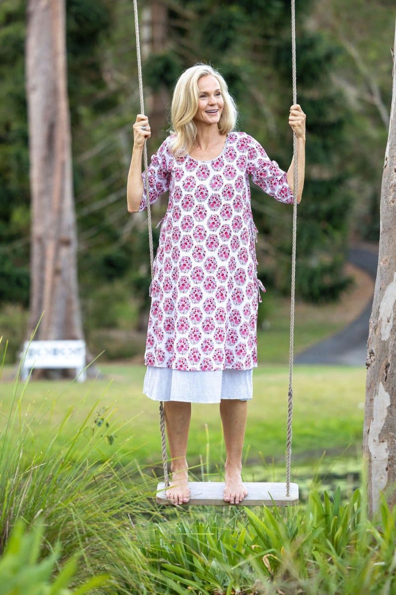 Womens, midi, Alakiki dress, sleeves, 100% Cotton, hand block print. In pink floral Parisa print.