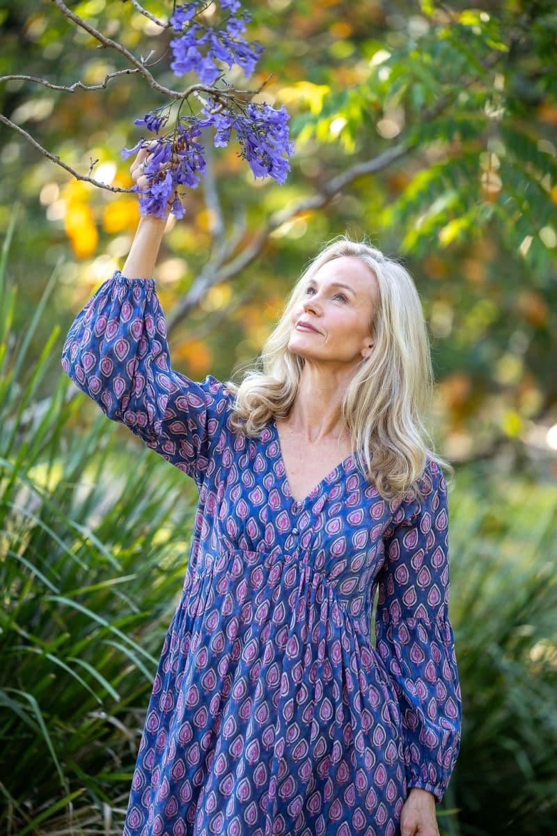 Womens, midi | maxi, Rowena Dress, with sleeves, 100% Cotton, hand block print. Lavender Pink - Anjali