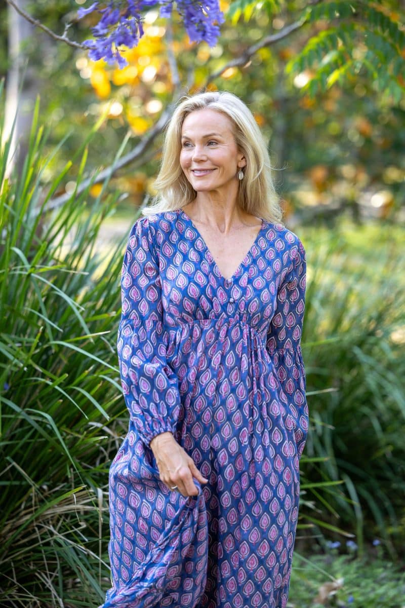 Womens, midi | maxi, Rowena Dress, with sleeves, 100% Cotton, hand block print. Lavender Pink - Anjali