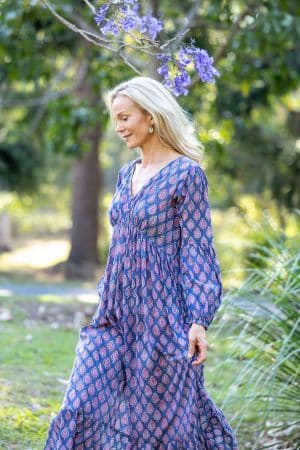 Womens, midi | maxi, Rowena Dress, with sleeves, 100% Cotton, hand block print. Lavender Pink - Anjali