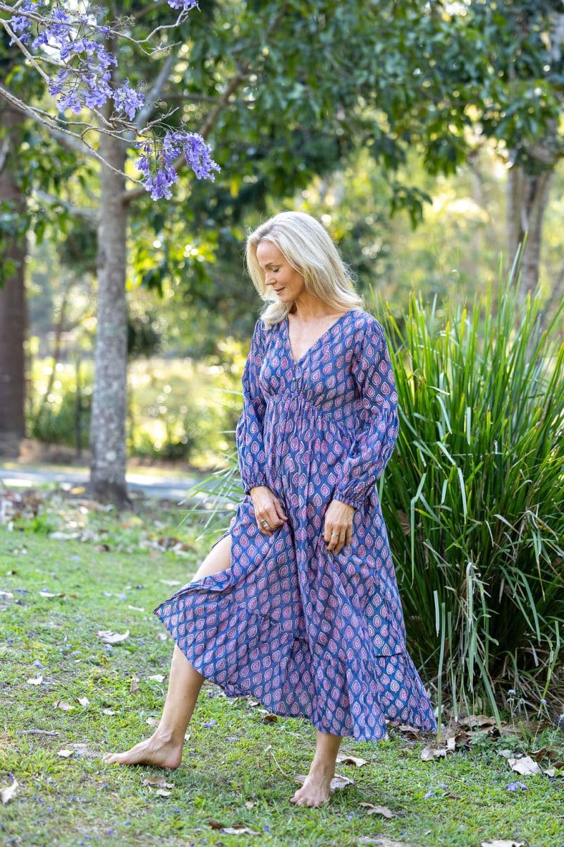 Womens, midi | maxi, Rowena Dress, with sleeves, 100% Cotton, hand block print. Lavender Pink - Anjali