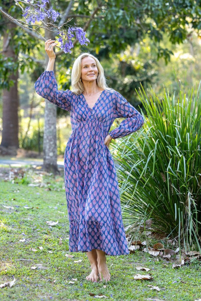 Womens, midi | maxi, Rowena Dress, with sleeves, 100% Cotton, hand block print. Lavender Pink - Anjali