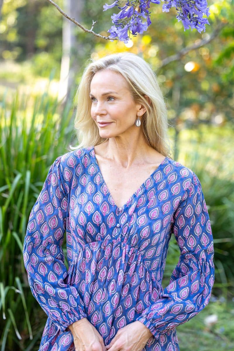 Womens, midi | maxi, Rowena Dress, with sleeves, 100% Cotton, hand block print. Lavender Pink - Anjali