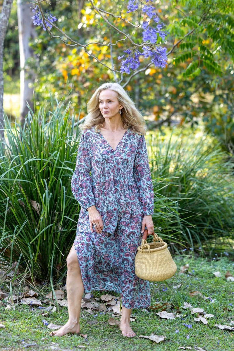 Womens, midi | maxi, Rowena Dress, with sleeves, 100% Cotton, hand block print. Soft blue floral - Florence