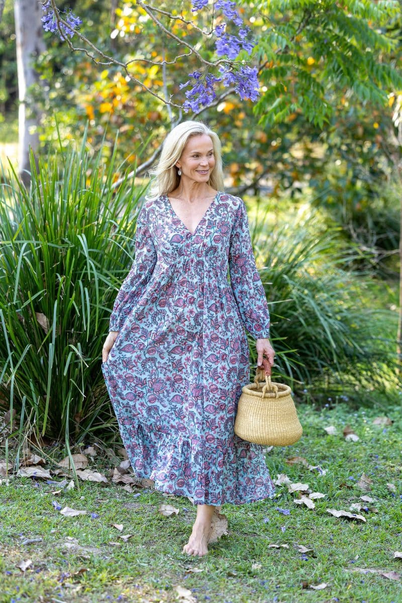 Womens, midi | maxi, Rowena Dress, with sleeves, 100% Cotton, hand block print. Soft blue floral - Florence