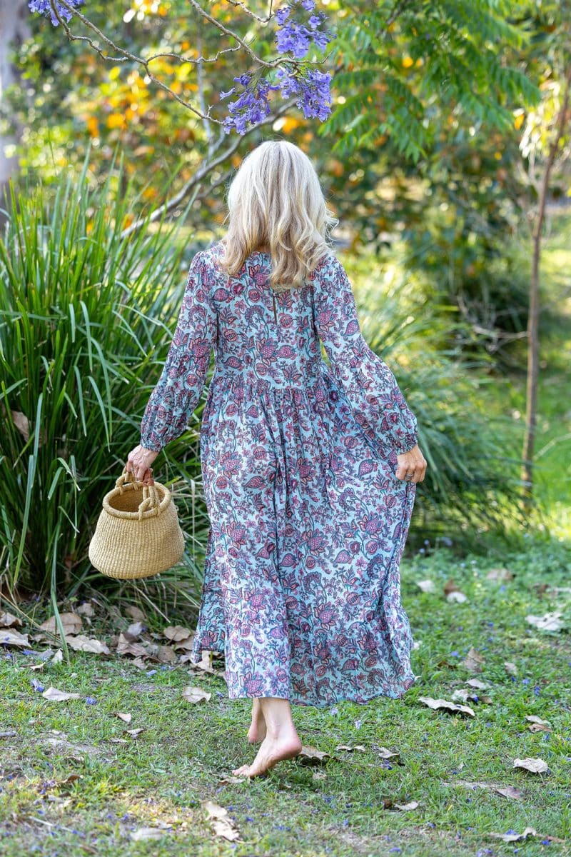 Womens, midi | maxi, Rowena Dress, with sleeves, 100% Cotton, hand block print. Soft blue floral - Florence