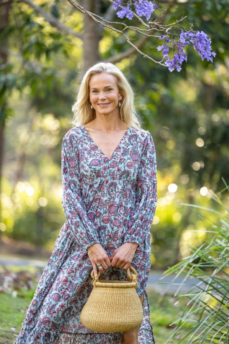 Womens, midi | maxi, Rowena Dress, with sleeves, 100% Cotton, hand block print. Soft blue floral - Florence