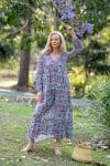 Womens, midi | maxi, Rowena Dress, with sleeves, 100% Cotton, hand block print. Soft blue floral - Florence