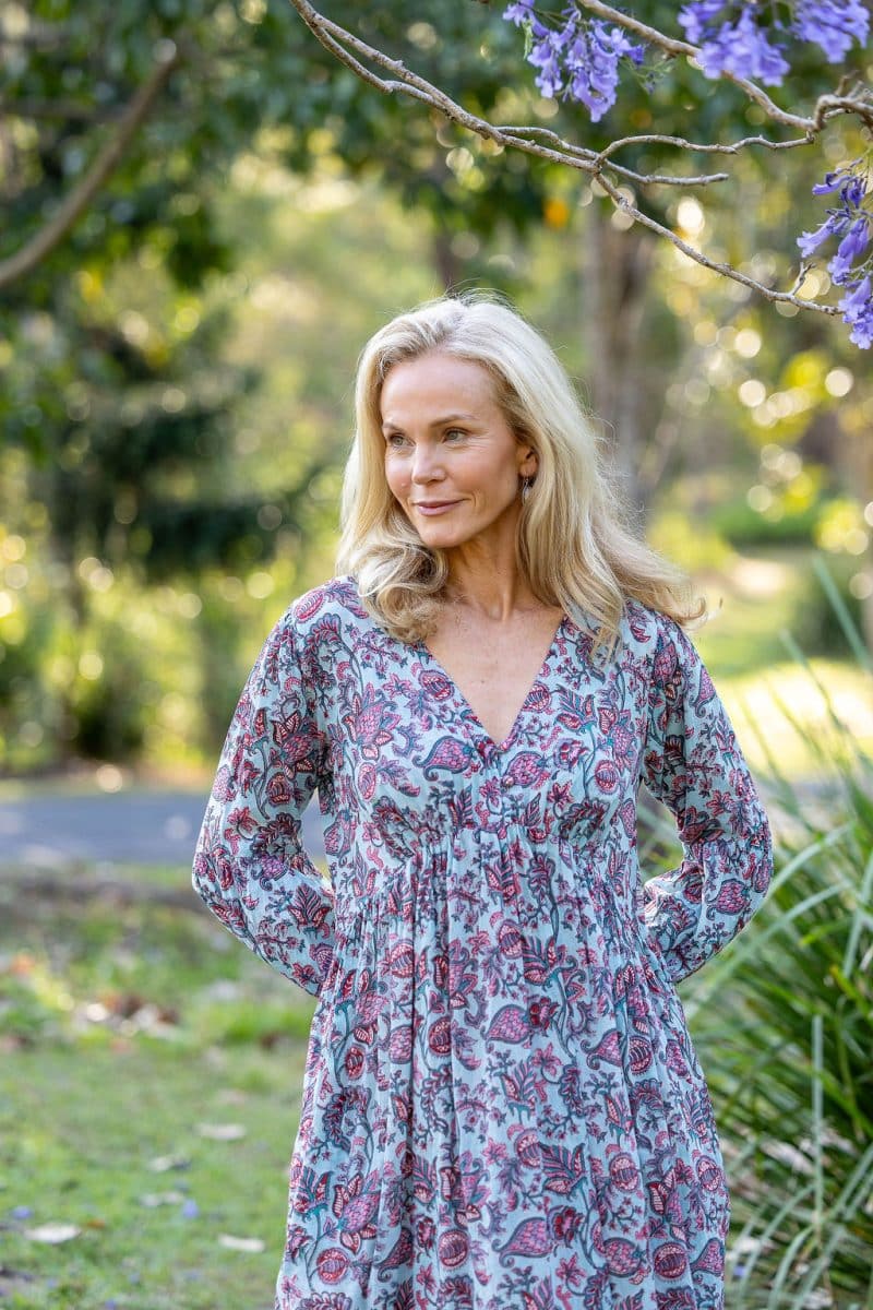 Womens, midi | maxi, Rowena Dress, with sleeves, 100% Cotton, hand block print. Soft blue floral - Florence