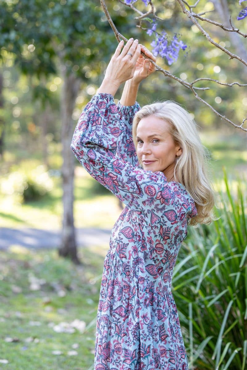 Womens, midi | maxi, Rowena Dress, with sleeves, 100% Cotton, hand block print. Soft blue floral - Florence
