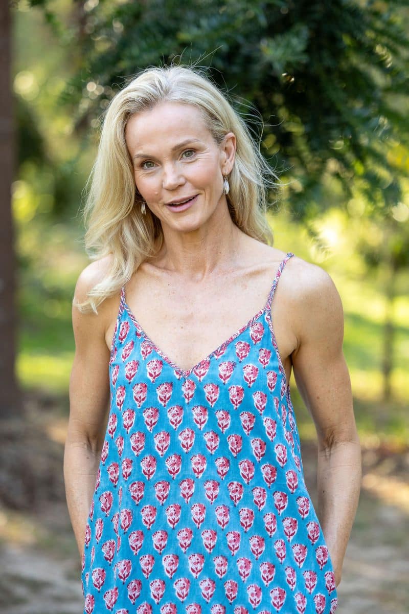 Womens, maxi, midi, Savannah Dress, streamline, adjustable straps, summer ready. 100% Cotton, hand block print. Soft & Feminine - Blue Gem