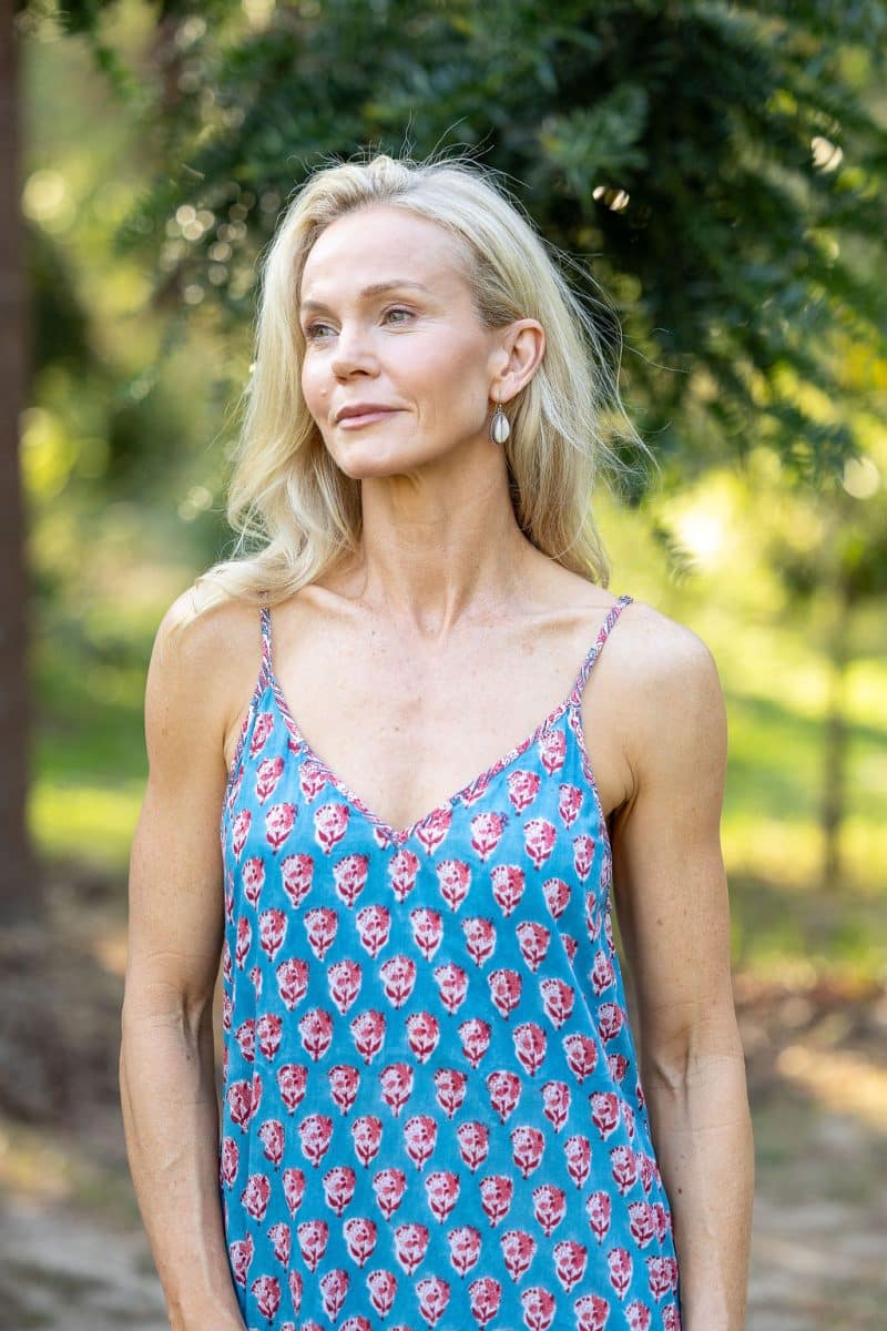 Womens, maxi, midi, Savannah Dress, streamline, adjustable straps, summer ready. 100% Cotton, hand block print. Soft & Feminine - Blue Gem