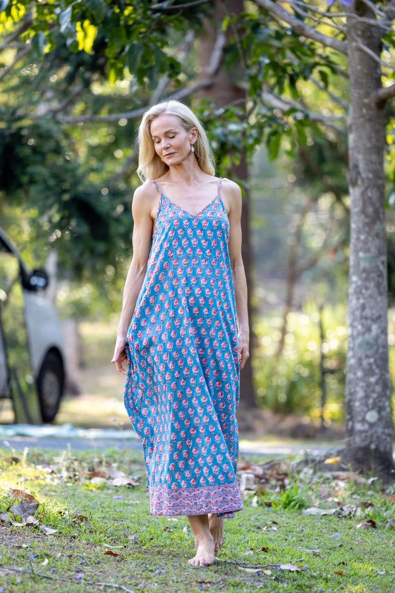 Womens, maxi, midi, Savannah Dress, streamline, adjustable straps, summer ready. 100% Cotton, hand block print. Soft & Feminine - Blue Gem