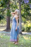 Womens, maxi, midi, Savannah Dress, streamline, adjustable straps, summer ready. 100% Cotton, hand block print. Soft & Feminine - Blue Gem