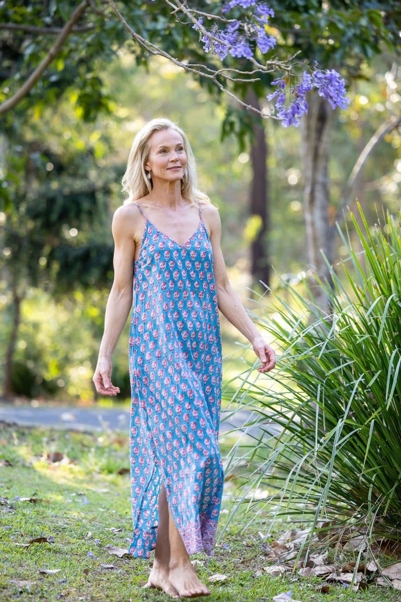 Womens, maxi, midi, Savannah Dress, streamline, adjustable straps, summer ready. 100% Cotton, hand block print. Soft & Feminine - Blue Gem