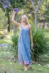 Womens, maxi, midi, Savannah Dress, streamline, adjustable straps, summer ready. 100% Cotton, hand block print. Soft & Feminine - Blue Gem