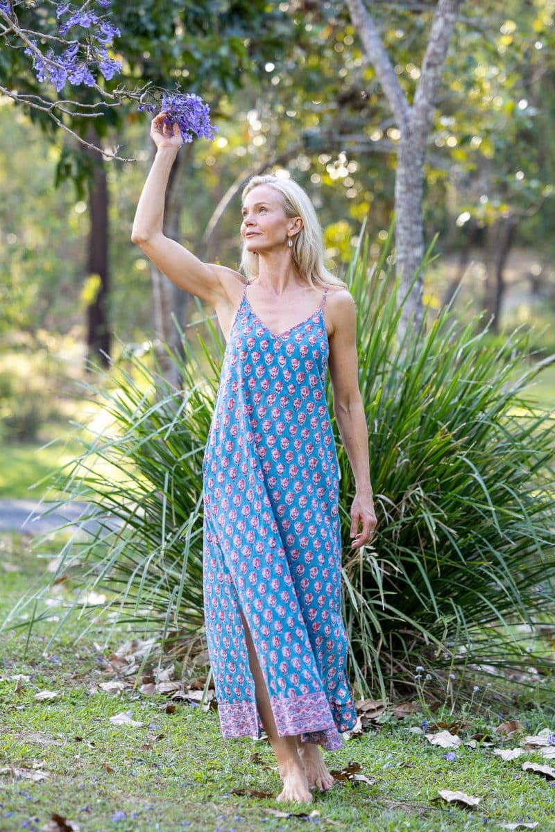 Womens, maxi, midi, Savannah Dress, streamline, adjustable straps, summer ready. 100% Cotton, hand block print. Soft & Feminine - Blue Gem