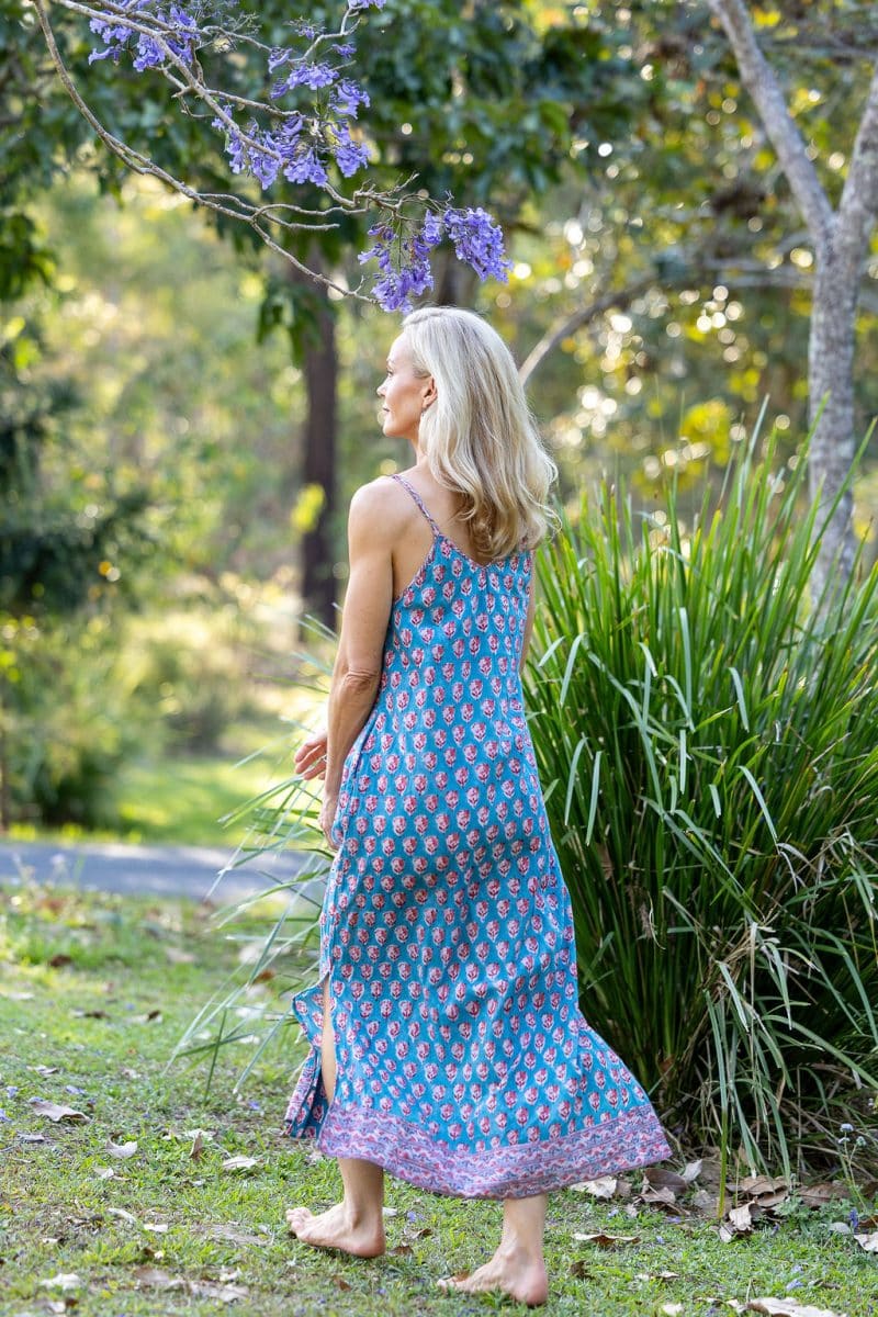 Womens, maxi, midi, Savannah Dress, streamline, adjustable straps, summer ready. 100% Cotton, hand block print. Soft & Feminine - Blue Gem