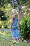 Womens, maxi, midi, Savannah Dress, streamline, adjustable straps, summer ready. 100% Cotton, hand block print. Soft & Feminine - Blue Gem