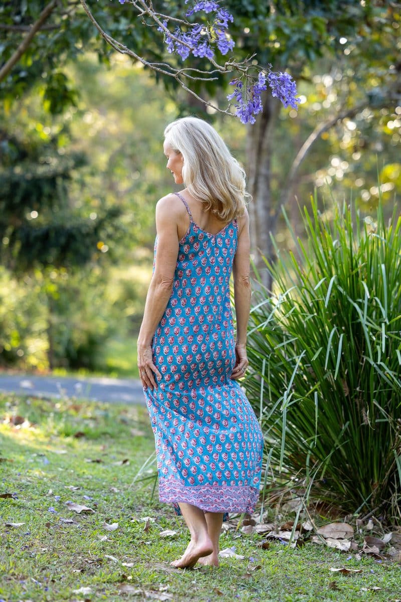 Womens, maxi, midi, Savannah Dress, streamline, adjustable straps, summer ready. 100% Cotton, hand block print. Soft & Feminine - Blue Gem