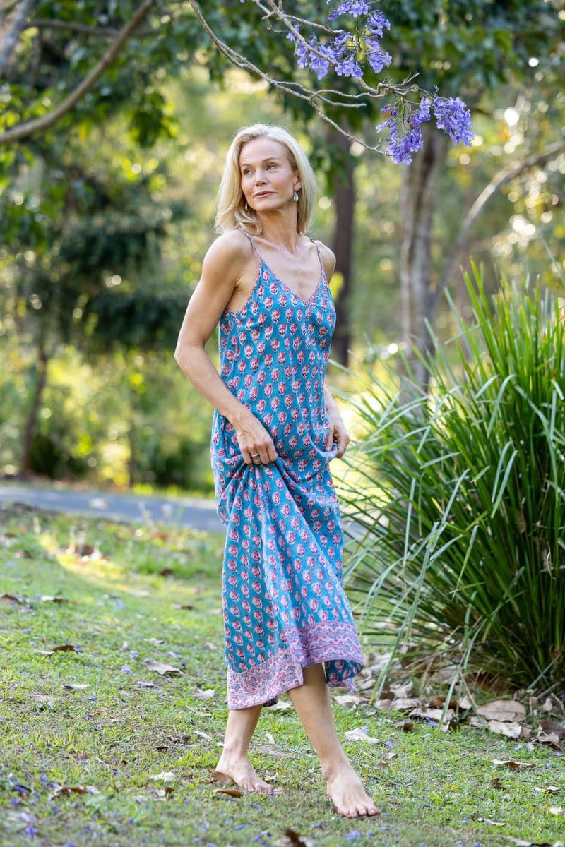 Womens, maxi, midi, Savannah Dress, streamline, adjustable straps, summer ready. 100% Cotton, hand block print. Soft & Feminine - Blue Gem