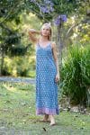 Womens, maxi, midi, Savannah Dress, streamline, adjustable straps, summer ready. 100% Cotton, hand block print. Soft & Feminine - Blue Gem