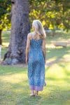 Womens, maxi, midi, Savannah Dress, streamline, adjustable straps, summer ready. 100% Cotton, hand block print. Soft & Feminine - Blue Gem