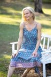 Womens, maxi, midi, Savannah Dress, streamline, adjustable straps, summer ready. 100% Cotton, hand block print. Soft & Feminine - Blue Gem