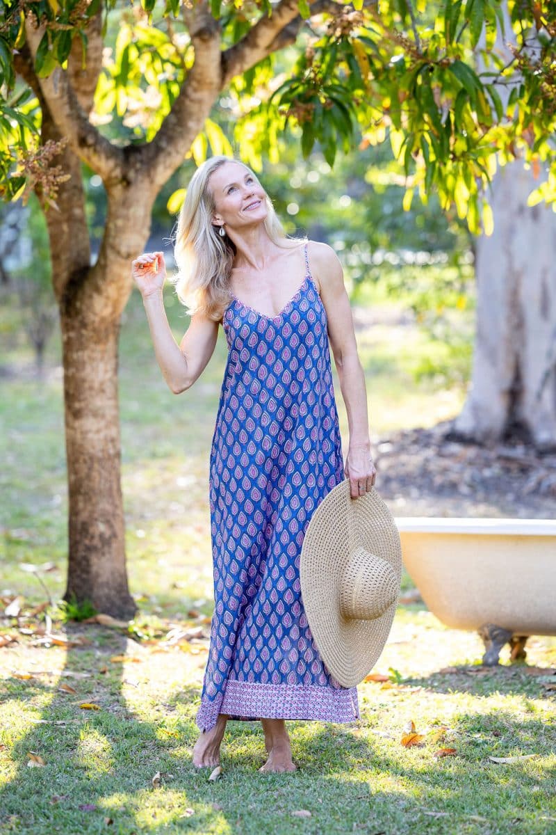 Womens, maxi, midi, Savannah Dress, streamline, adjustable straps, summer ready. 100% Cotton, hand block print. Lavender Pink - Anjali