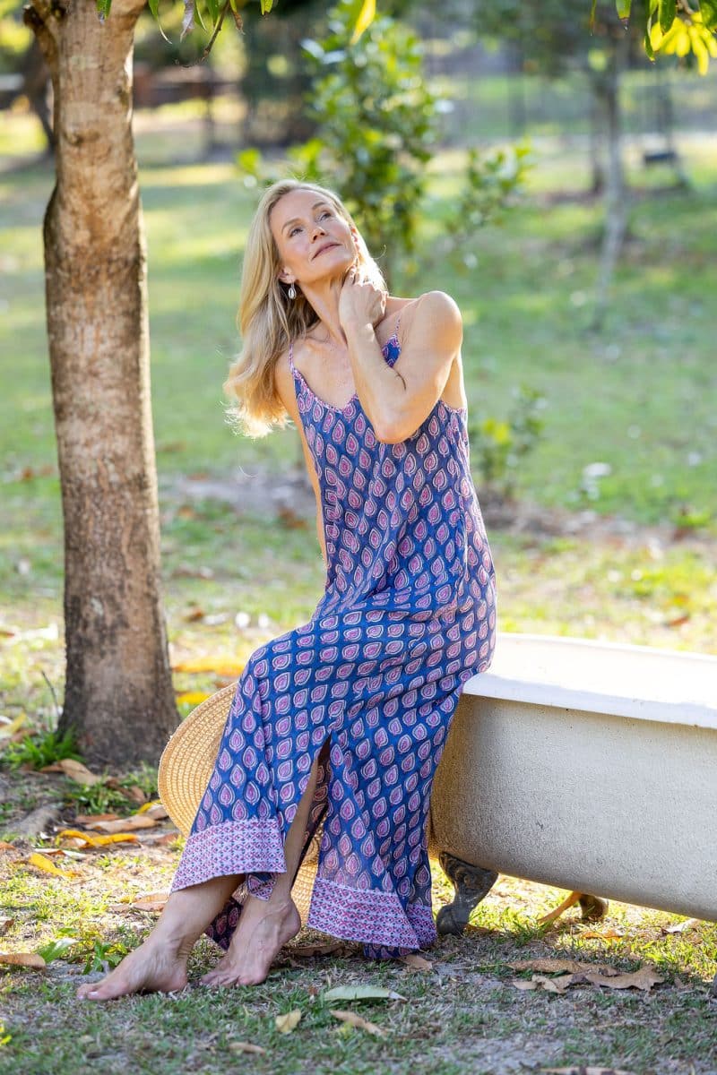 Womens, maxi, midi, Savannah Dress, streamline, adjustable straps, summer ready. 100% Cotton, hand block print. Lavender Pink - Anjali