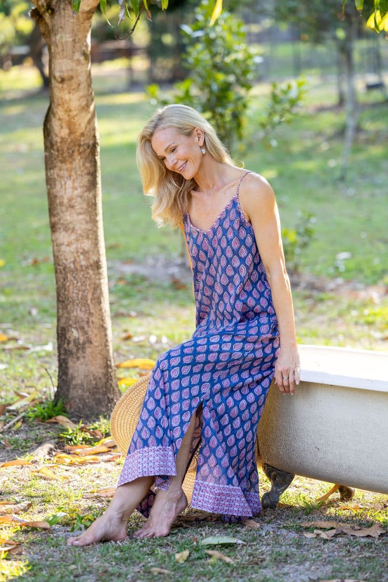 Womens, maxi, midi, Savannah Dress, streamline, adjustable straps, summer ready. 100% Cotton, hand block print. Lavender Pink - Anjali