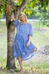 Womens, midi, Clementine dress, 100% Cotton, hand block print. Blue Floral - Aurelia - Heirloom Collection