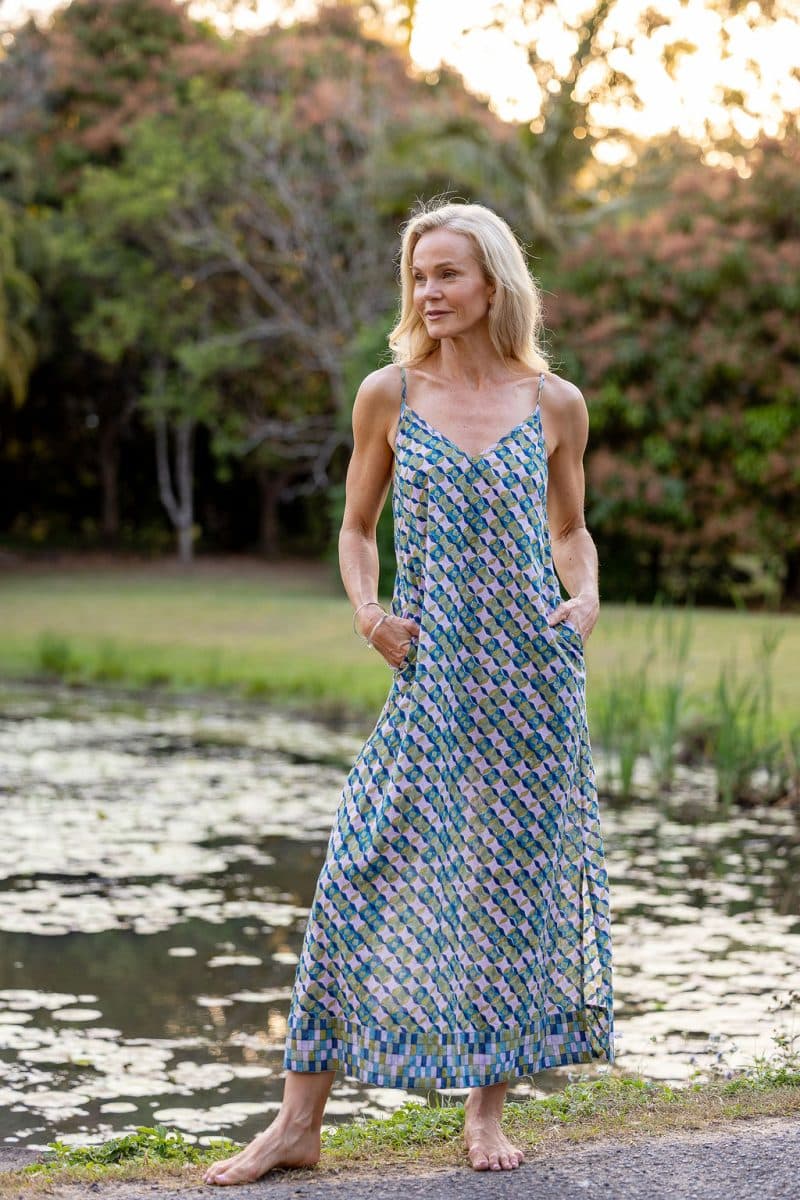 Womens, maxi, midi, Savannah Dress, streamline, adjustable straps, summer ready. 100% Cotton, hand block print. Soft geometry - Liora