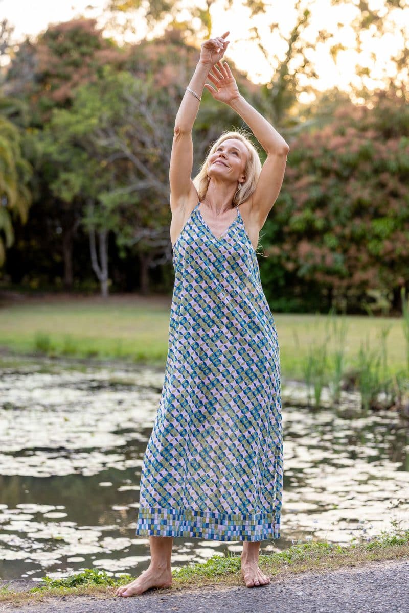 Womens, maxi, midi, Savannah Dress, streamline, adjustable straps, summer ready. 100% Cotton, hand block print. Soft geometry - Liora