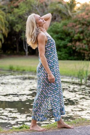 Womens, maxi, midi, Savannah Dress, streamline, adjustable straps, summer ready. 100% Cotton, hand block print. Soft geometry - Liora