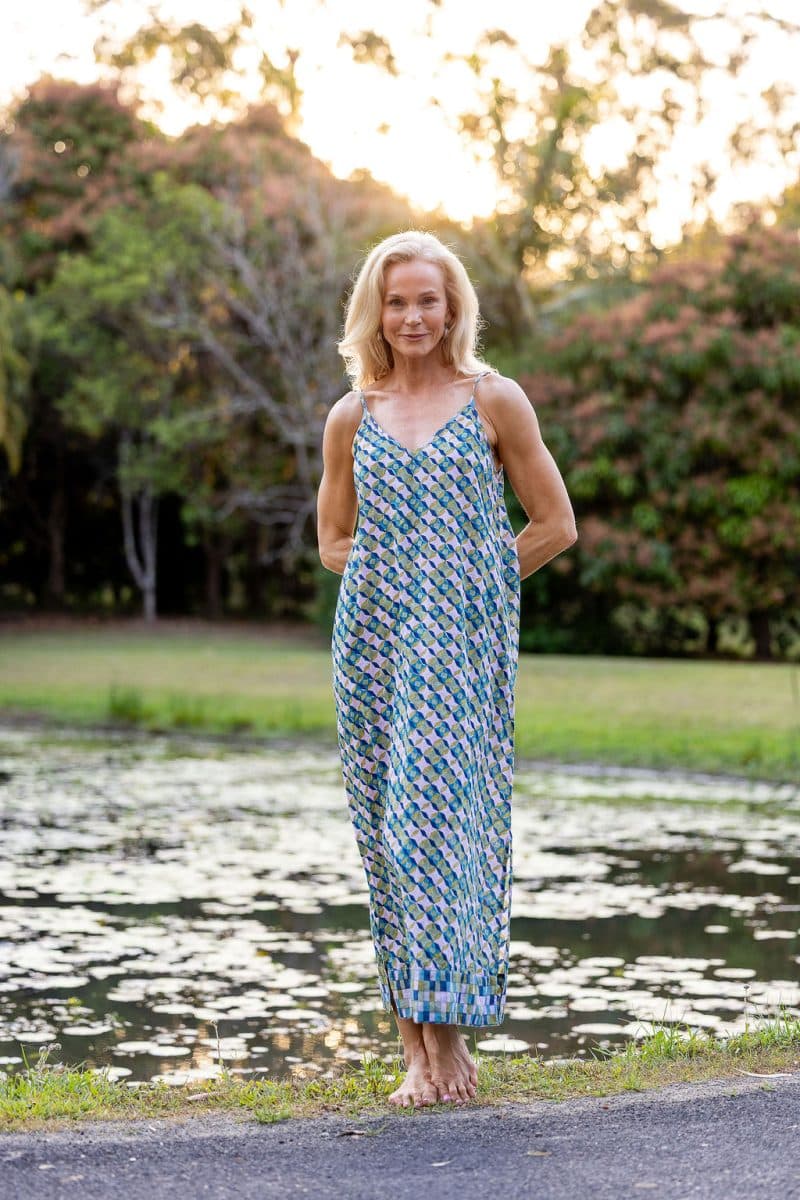 Womens, maxi, midi, Savannah Dress, streamline, adjustable straps, summer ready. 100% Cotton, hand block print. Soft geometry - Liora