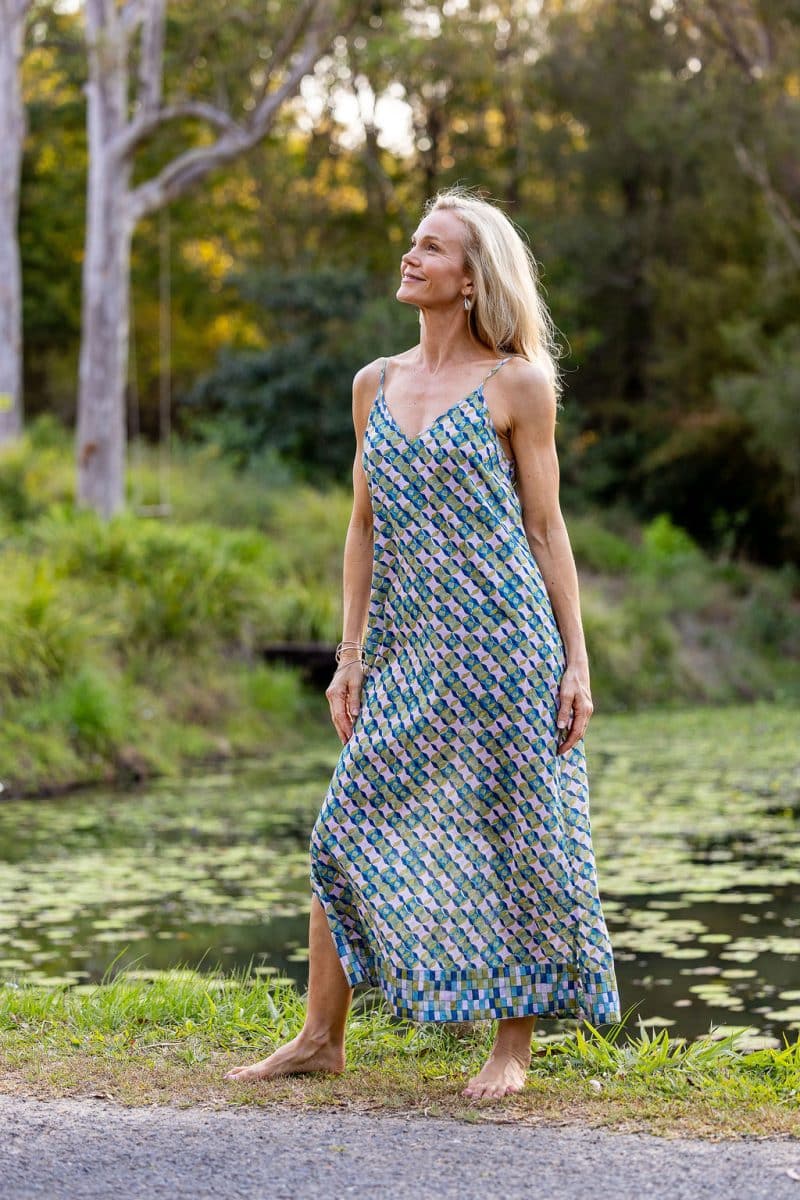 Womens, maxi, midi, Savannah Dress, streamline, adjustable straps, summer ready. 100% Cotton, hand block print. Soft geometry - Liora