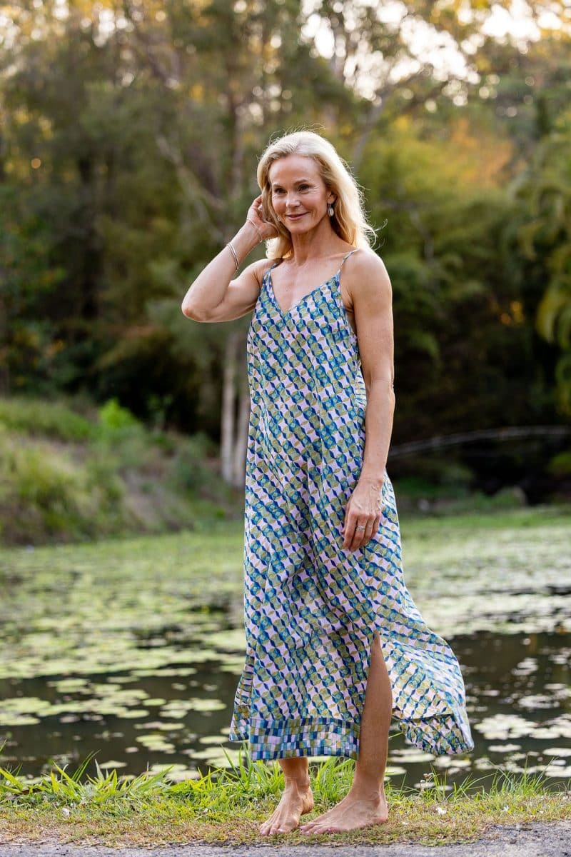 Womens, maxi, midi, Savannah Dress, streamline, adjustable straps, summer ready. 100% Cotton, hand block print. Soft geometry - Liora