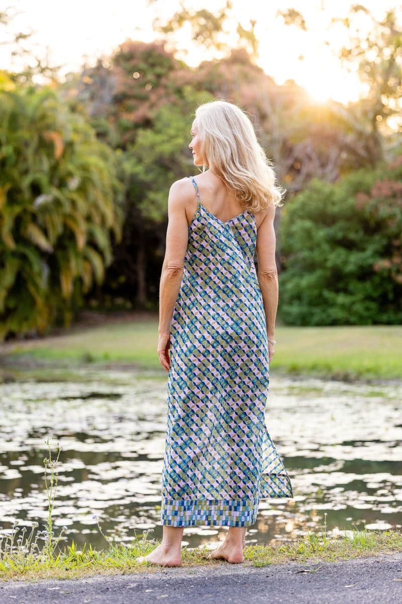 Womens, maxi, midi, Savannah Dress, streamline, adjustable straps, summer ready. 100% Cotton, hand block print. Soft geometry - Liora