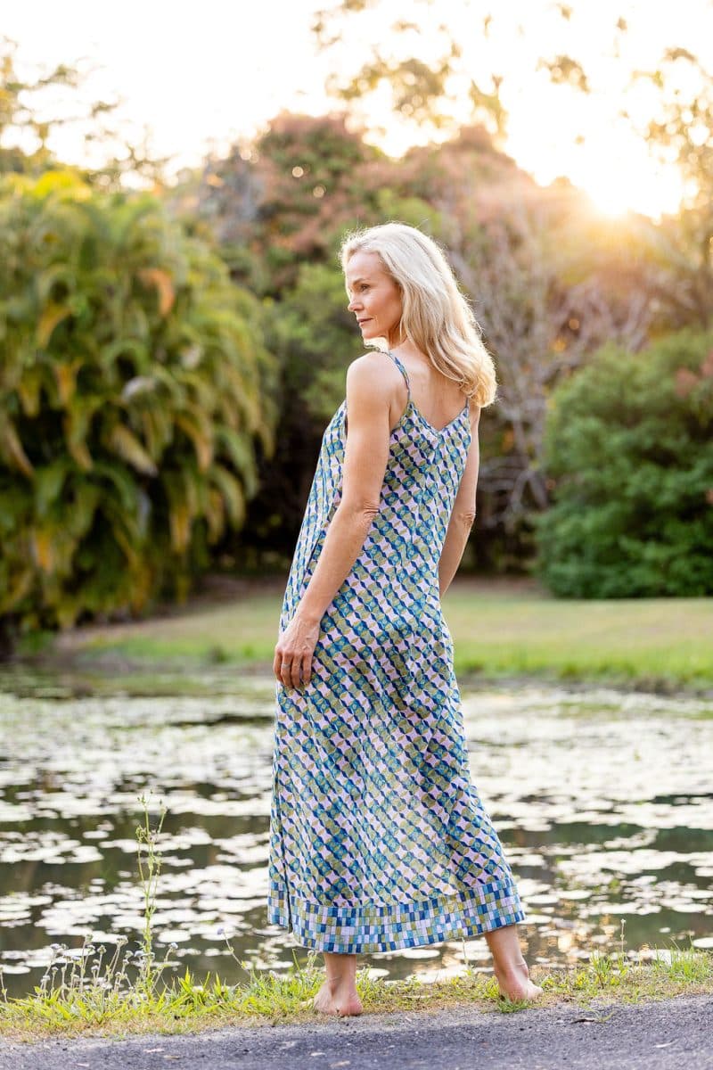 Womens, maxi, midi, Savannah Dress, streamline, adjustable straps, summer ready. 100% Cotton, hand block print. Soft geometry - Liora