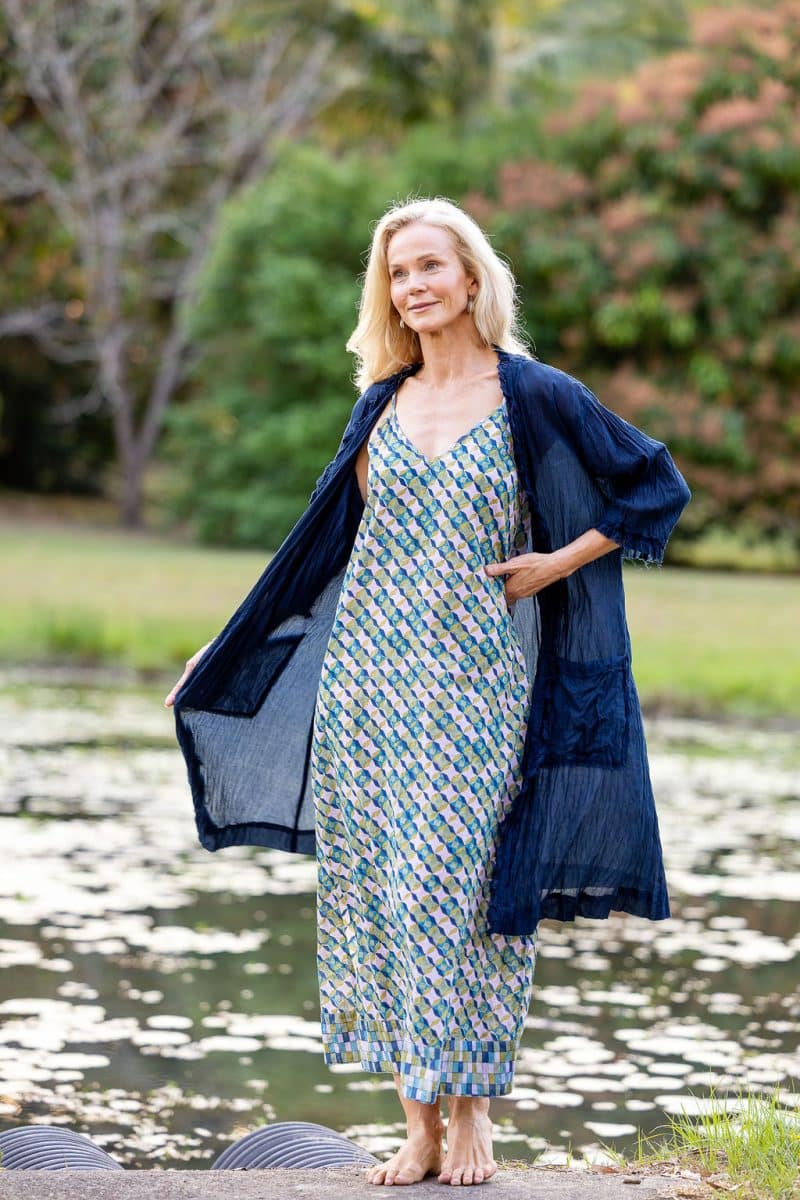 Womens, maxi, midi, Savannah Dress, streamline, adjustable straps, summer ready. 100% Cotton, hand block print. Soft geometry - Liora