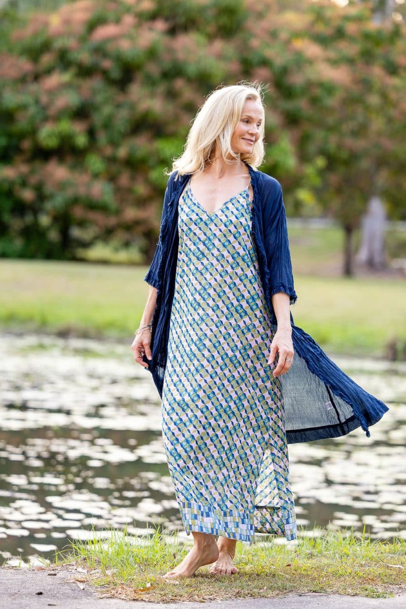 Womens, maxi, midi, Savannah Dress, streamline, adjustable straps, summer ready. 100% Cotton, hand block print. Soft geometry - Liora