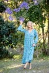 Womens, midi | maxi, Rowena Dress, with sleeves, 100% Cotton, hand block print. Soft Oceanic Blue - Amara