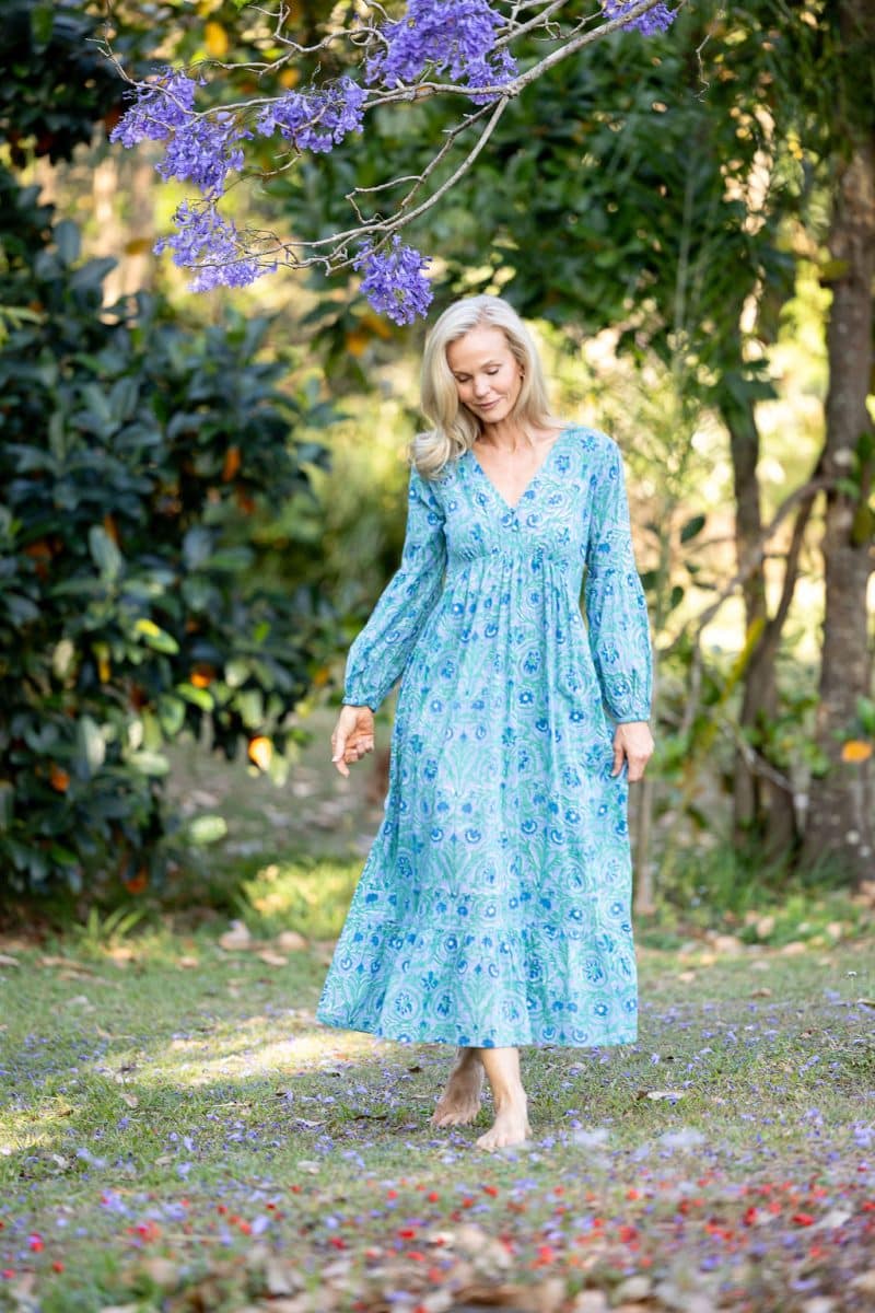 Womens, midi | maxi, Rowena Dress, with sleeves, 100% Cotton, hand block print. Soft Oceanic Blue - Amara