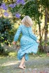 Womens, midi | maxi, Rowena Dress, with sleeves, 100% Cotton, hand block print. Soft Oceanic Blue - Amara