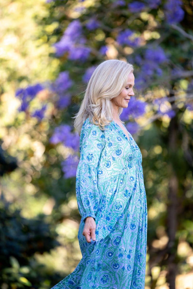 Womens, midi | maxi, Rowena Dress, with sleeves, 100% Cotton, hand block print. Soft Oceanic Blue - Amara