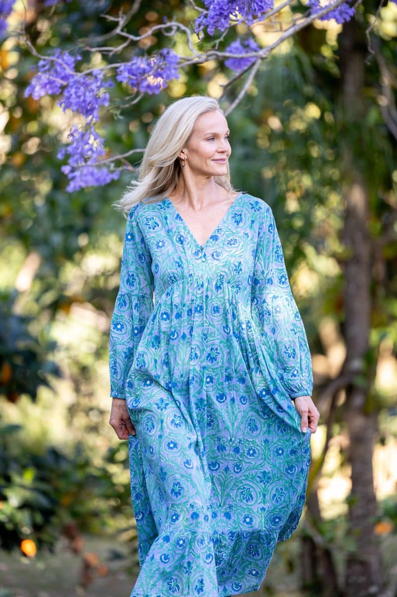 Womens, midi | maxi, Rowena Dress, with sleeves, 100% Cotton, hand block print. Soft Oceanic Blue - Amara