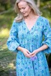 Womens, midi | maxi, Rowena Dress, with sleeves, 100% Cotton, hand block print. Soft Oceanic Blue - Amara
