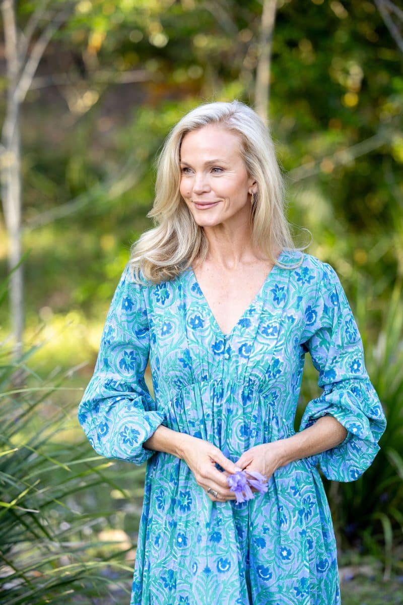 Womens, midi | maxi, Rowena Dress, with sleeves, 100% Cotton, hand block print. Soft Oceanic Blue - Amara