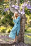 Womens, midi | maxi, Rowena Dress, with sleeves, 100% Cotton, hand block print. Soft Oceanic Blue - Amara